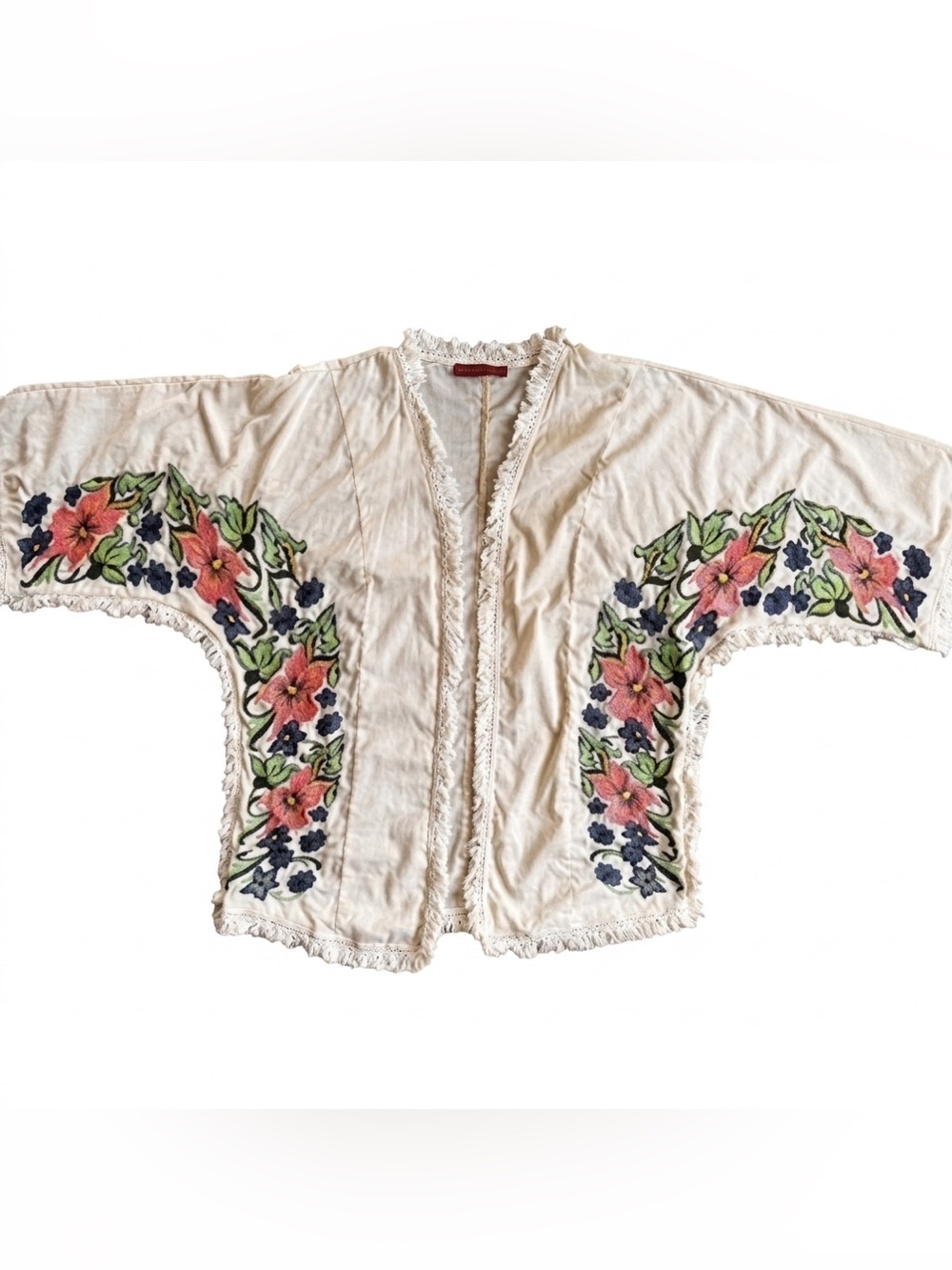 SIGNATURE 8 Ecru Fringe Trim Kimono Top Cardigan Embroidered Flowers Size S